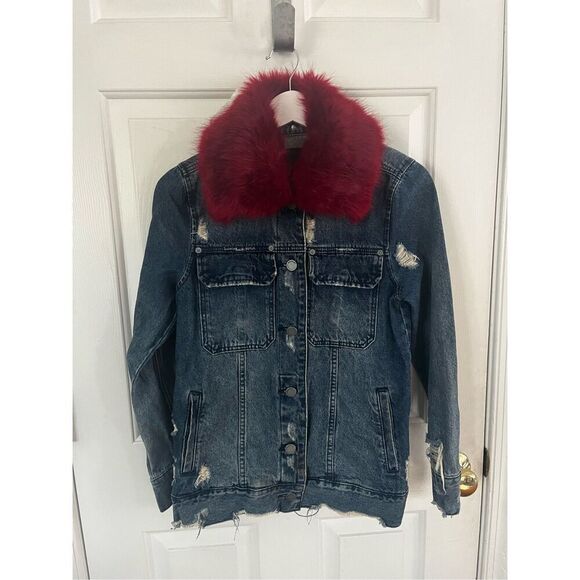Blank NYC Dark Red Fur Trimmed Distressed Denim Jacket sz XS NWOT - Picture 3 of 9
